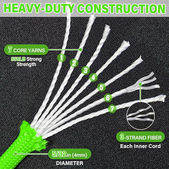 Paracord Rope 550 lb - 200ft 5/32" Parachute Cord 4MM 7-Strand para Cord - Heavy Duty Spool String for Survival,Camping Gear, Survival Bracelet, Clothesline - Neon Green