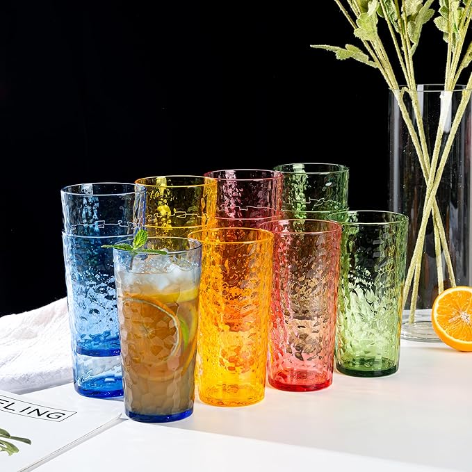 24-ounce Plastic Tumblers, Acrylic Drinking Glasses High-Balls, set of 12 Green, Reusable Plastic Cups, Hammered Style Stackable, BPA-Free, Shatter-Proof, Dishwasher-Safe