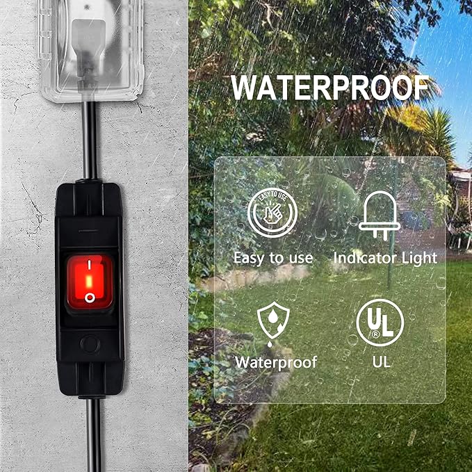Outdoor Waterproof On/Off Switch Extension Cord, Heavy Duty 125v/250v Black SJTW Cord (15 Ft, Black)