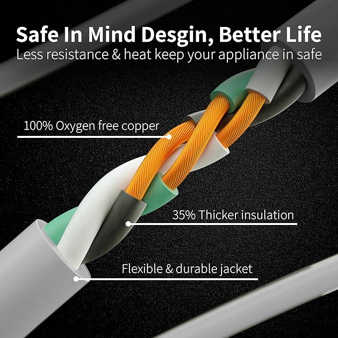 HUANCHAIN 14 Gauge 10 FT Flat Plug Extension Cord White Indoor Outdoor, Heavy Duty 3 Prong Grounded Low Profile Extension Wire Flexible, 15A 1875W 125V 14AWG SJTW, ETL Listed