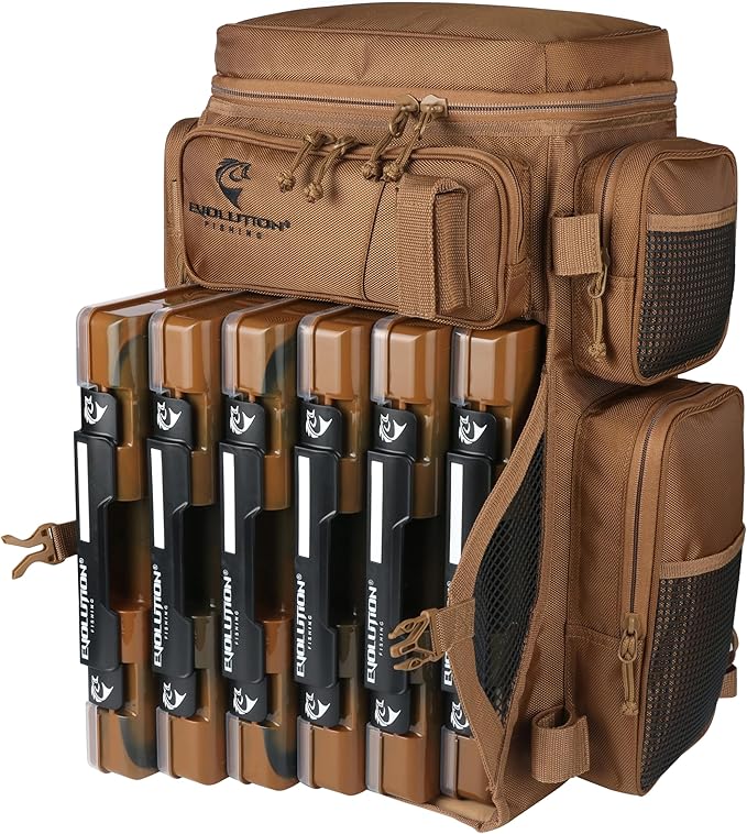 Evolution Fishing Drift Series Tackle Backpack, Outdoor Rucksack w/ 6 Fishing Tackle Trays, Heavy Duty