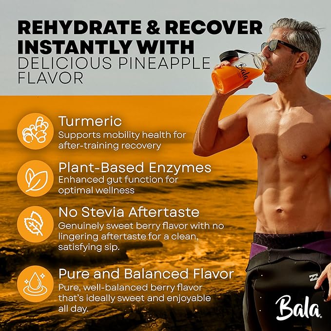 Bala Total Body Wellness Drink Mix, Hydrate & Recover Variety Pack, Pineapple, Lime & Berry, 4 Per Flavor, Zero Sugar Electrolytes Powder Packets with Enzymes & Amino Acids, Turmeric Drink, 12 Count