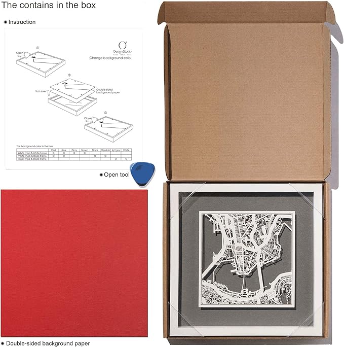 O3 Design Studio Washington D.C. Cut Map Framed, White map, Black Frame, 9x9 inches, Paper Cutting Art Work, Gift Boxed, 4 Background Color, self-Changing, Wall Art