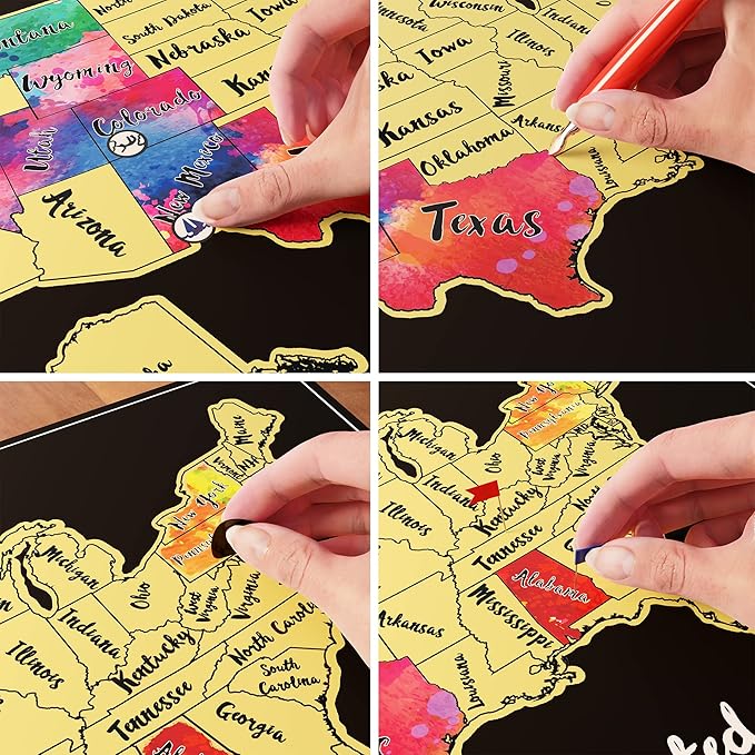 TRAVELISIMO Scratch Off Map of The United States, 12x17 inch Scratch USA with 25 Unique Accessories & Colorful Design, Perfect Scratch Map of United States for Travel, 50 States Travel Tracker