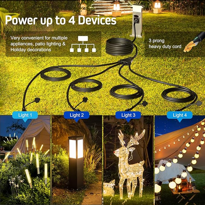 Eversimpleinc Black 1 to 4 Splitter Extension Cord (Combined 31 FT, End to End 13 FT), 3 Prong Plug with 4 Extended Outlets, with Weatherproof Covers for Indoor and Outdoor