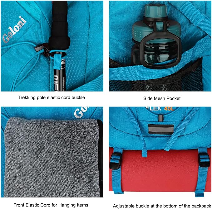 Goloni 45L Hiking Backpack Lightweight Foldable, Waterproof Camping Backpack with Rain Cover & Hiking Pole Mat Carrying System, Ergonomic Water Resistant Daypack for Trekking Travel Men Women Blue