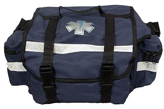 Primacare KB-RO74-B First Responder Trauma Bag, 17" x 9" x 7", Blue — EMT/EMS Medical Supply Organizer with Padded Dividers, Multiple Compartments, Side Pockets, Reflective Strip, Durable Design