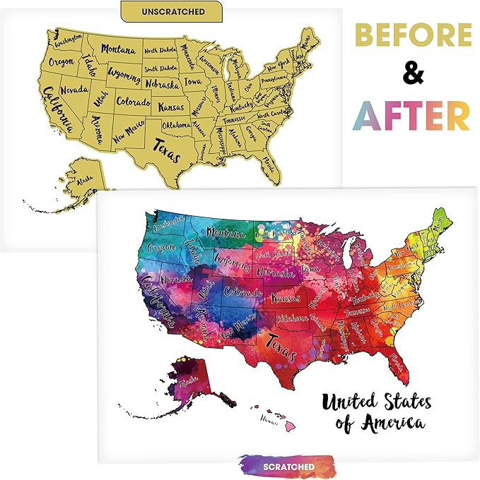 TRAVELISIMO Scratch Off Map of The United States, 12x17 inch Scratch USA with 25 Unique Accessories & Colorful Design, Perfect Scratch Map of United States for Travel, 50 States Travel Tracker
