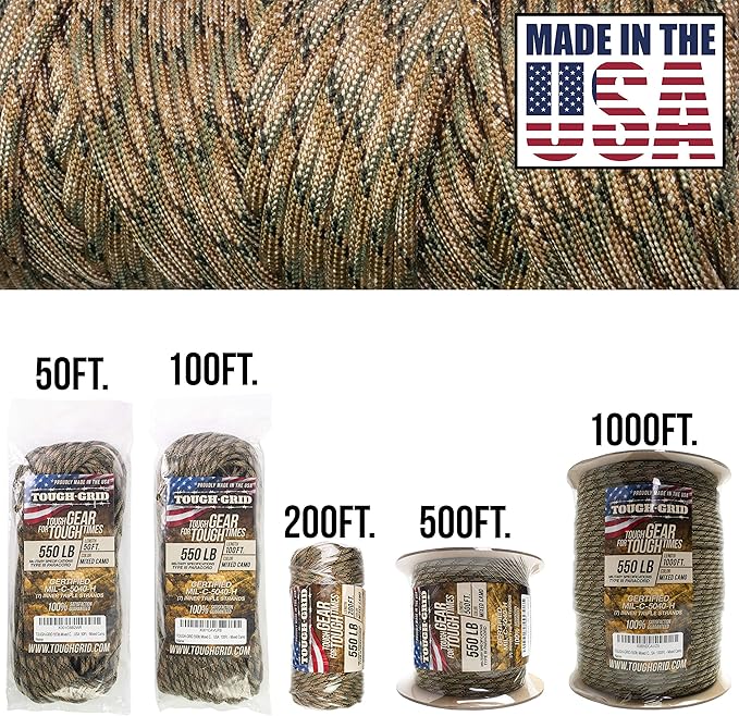 TOUGH-GRID 550 Paracord, Type III Mil-Spec Nylon Rope - 100 Ft Mixed Camo Tactical Survival Cord