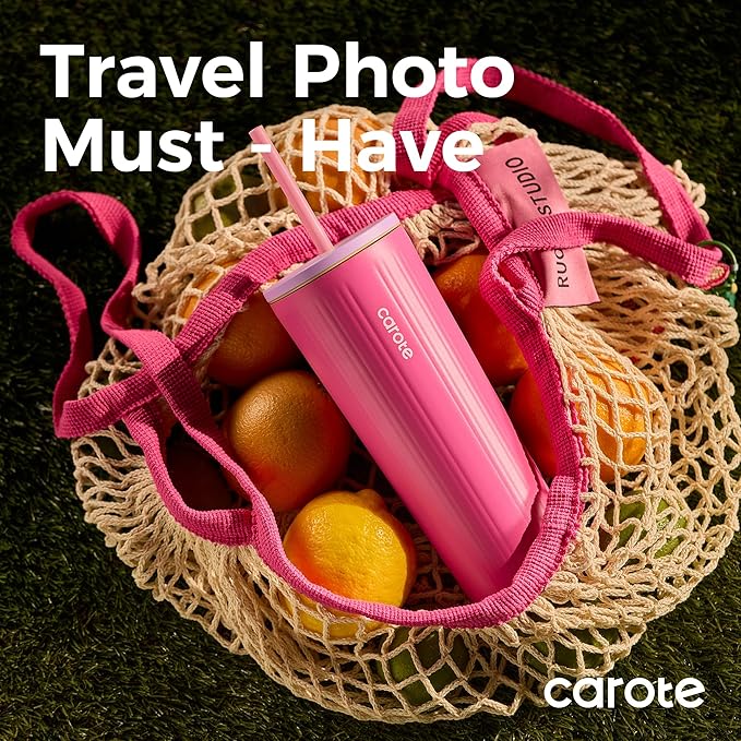 CAROTE 19 oz One-Click Open Insulated Water Bottle & 21 oz Tumblers with Lid and Straw, Double-Wall Insulated Stainless Steel, Leakproof Lid with Handle, Essential for Travel, School(Rose Pink)