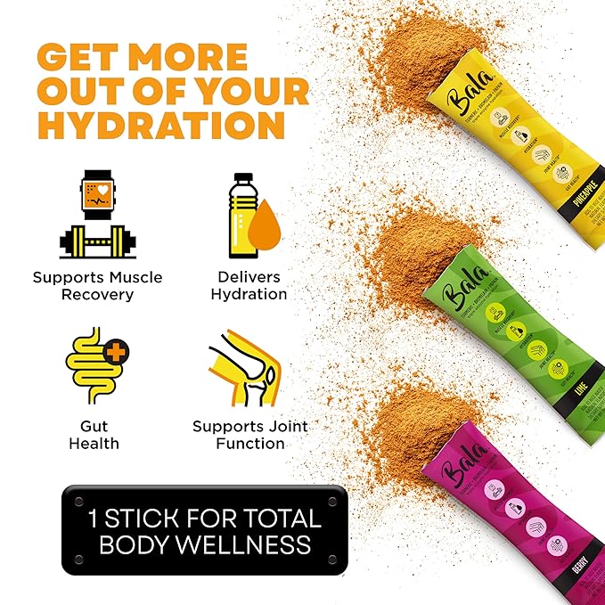 Bala Total Body Wellness Drink Mix, Hydrate & Recover Variety Pack, Pineapple, Lime & Berry, 10 Per Flavor, Zero Sugar Electrolytes Powder Packets with Enzymes & Amino Acids, Turmeric Drink, 30 Sticks