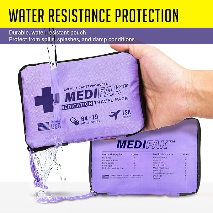 EVERLIT CARE Travel Essential Medicine First Aid Kit I Bonus Medical Supplies I TSA Compliant Mini Size Medkit for Traveling Camping Trips Individually Packed 64 Tablets (Blue)