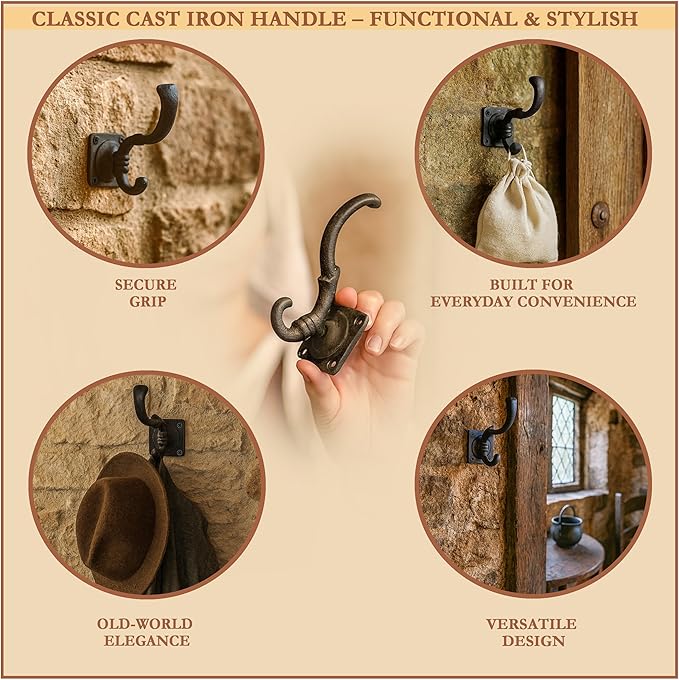 Mystic Colonial Medieval Wall Hooks Hand-Forged (Set of 2) Black Coated | Rustic Heavy-Duty Hangers for Coats, Cloaks, Keys & Home Decor