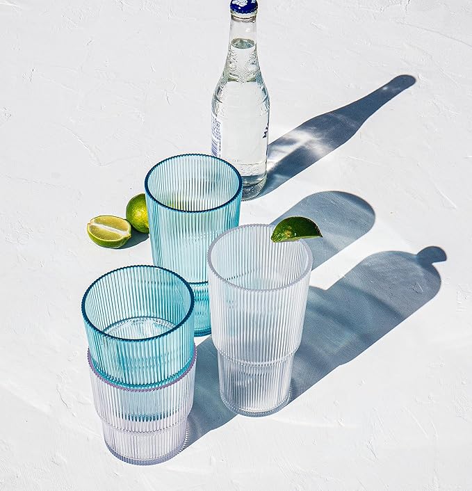 Fine Ribbed 22 oz Durable Acrylic Jumbo Drinking Glasses, Shatter-Resistant and Dishwasher-Safe Indoor/Outdoor Drinkware for Water, Iced Tea, Juice, and Cocktails - Clear - Set of 6