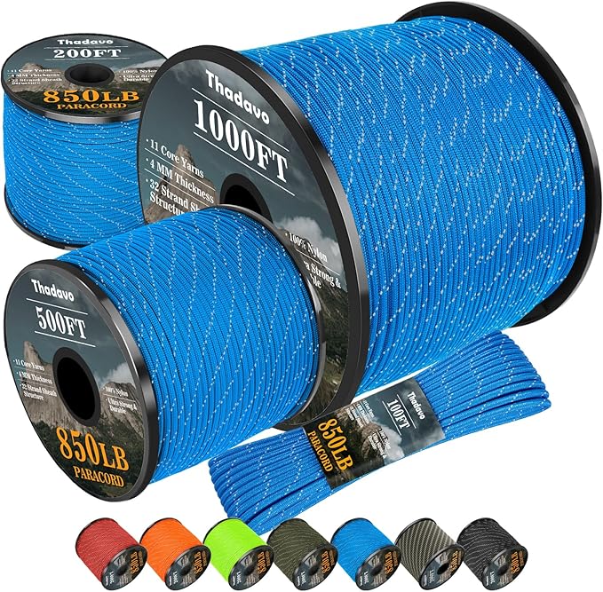 Reflective Paracord Rope 850Ib, 50/100/200/500/1000ft 4MM 11 Strand para Cords Lanyard Utility Parachute Cord for Tent Camping Hiking Survival Tactical Clothesline DIY Projects (Blue, 100FT)