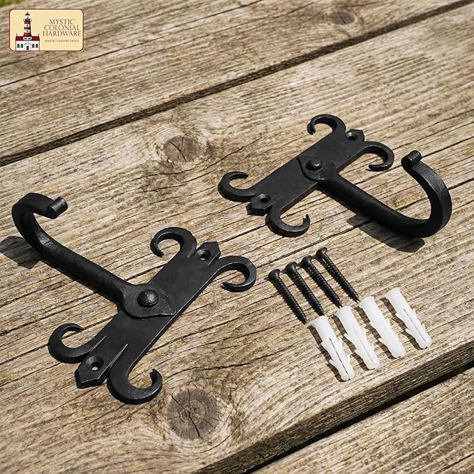 Mystic Colonial Rustic Cast Iron Wall Hooks, Heavy Duty Retro Utility Hooks for Hanging Coat, Bag, Towel, Robe, Hat and More, Mounting Hardware Included, Pack of 2