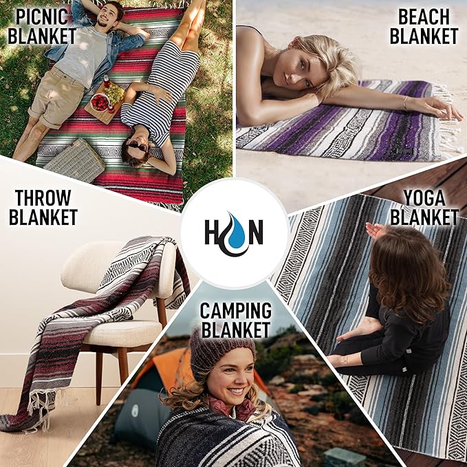 Hydration Nation Authentic Large Handwoven Mexican Blanket - Soft Yoga- Durable Serape- Lightweight Falsa, Beach, Camping, Picnic, Outdoor Blanket 70"x50" - Desert