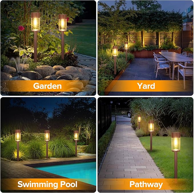 UME 8 Pack Solar Pathway Lights Outdoor, Bright Solar Garden Lights with Metal Design–IP65 Waterproof, Auto On/Off, 3000K LED Landscape Lighting for Yard, Lawn, Walkway, Driveway, Patio Decor