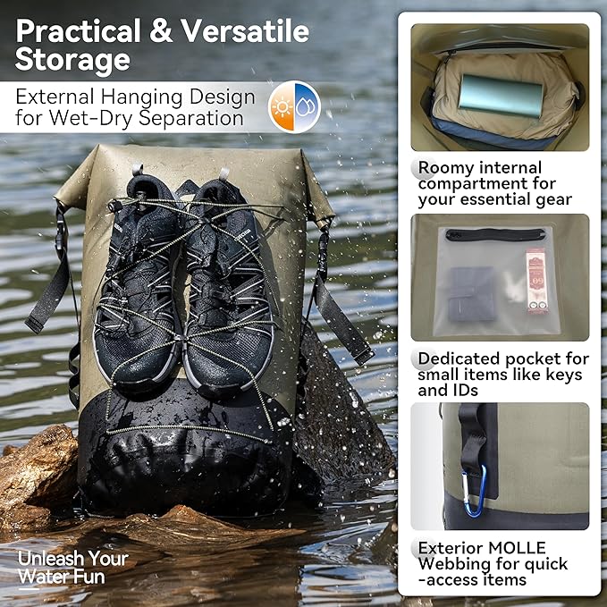 MARCHWAY Floating Roll Top Dry Bag, Flexible Lightweight TPU Waterproof Backpack 20L/30L/40L with Padded Straps for Boating, Kayaking, Swimming, Hiking, Beach (Green, 30L)