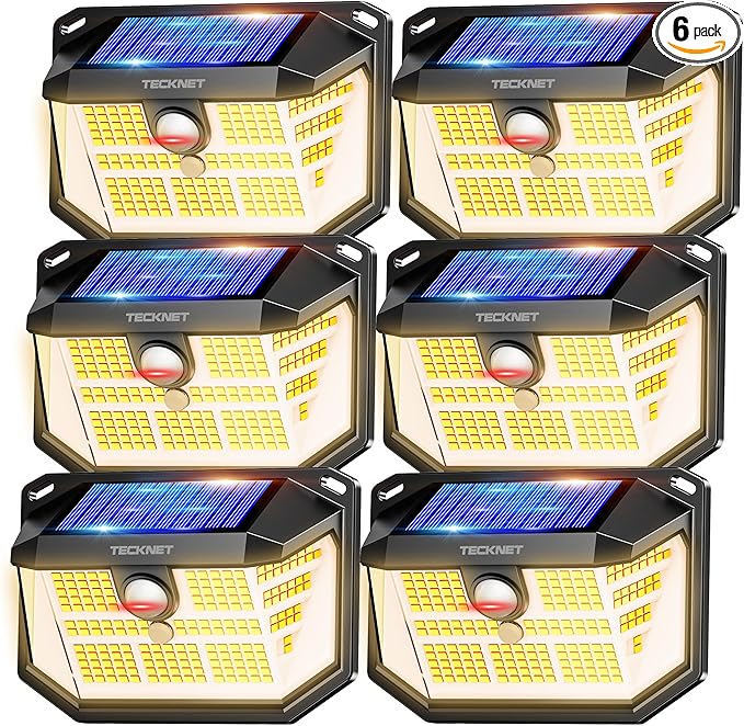 TECKNET 231 LED Motion Sensor Outdoor Lights, 6 Pack, 300° Solar Security Wall Lights, 3 Lighting Modes, IP65 Waterproof, PIR Motion Sensor for Outside, Fence, Garden, Yard, Deck, Garage - Warm White
