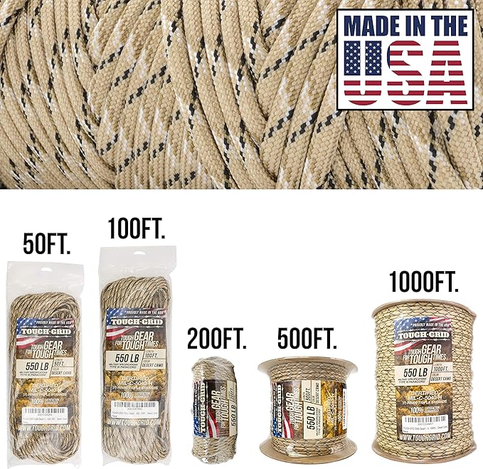 TOUGH-GRID 550 Paracord, Type III Mil-Spec Nylon Rope - 500 Ft Desert Camo Tactical Survival Cord