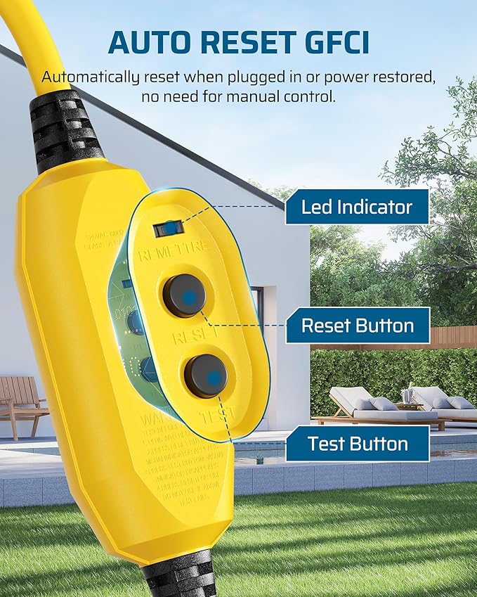 DEWENWILS 6FT Automatic GFCI Extension Cord Outdoor, Heavy Duty 12/3 SJTW Cord with LED Lighted Plug for Leaf Blower, Lawnmower, Weed Whacker, 15A 125V, Yellow, UL Listed