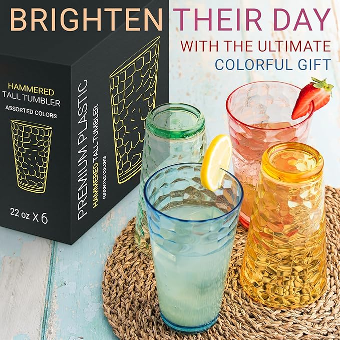 Bravario Hammered Plastic Drinking Tumbler, Dishwasher-Safe Premium Quality Water Glasses, BPA-Free Reusable Mixed Colors Assorted Stackable Cups, 22 oz Set of 12