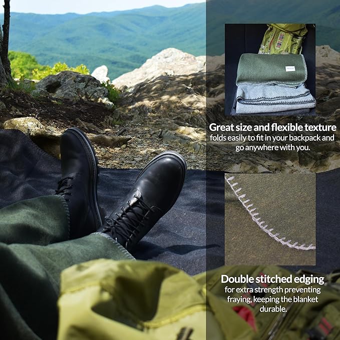 Military Style Wool Blanket – Cushioned, Breathable, Durable, Warm & Washable – Double-Stitched Border–Great for Camping, Outdoor, First Aid, Travel, Car–Fire Retardant – 64"x90" 4.7 lb (Navy Blue)