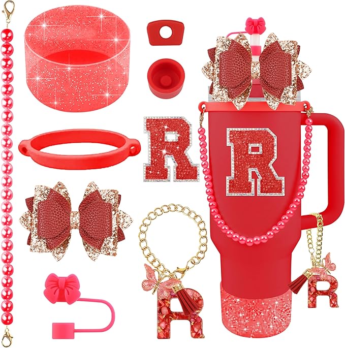 9PCS Red for Stanley Cup Accessories Set Bling Initials Bow Charms for Stanley Decorations 30/40 Oz Tumbler Accessories Including Bow Straw Topper, Handle Strap, Spill Stopper（Letter R）
