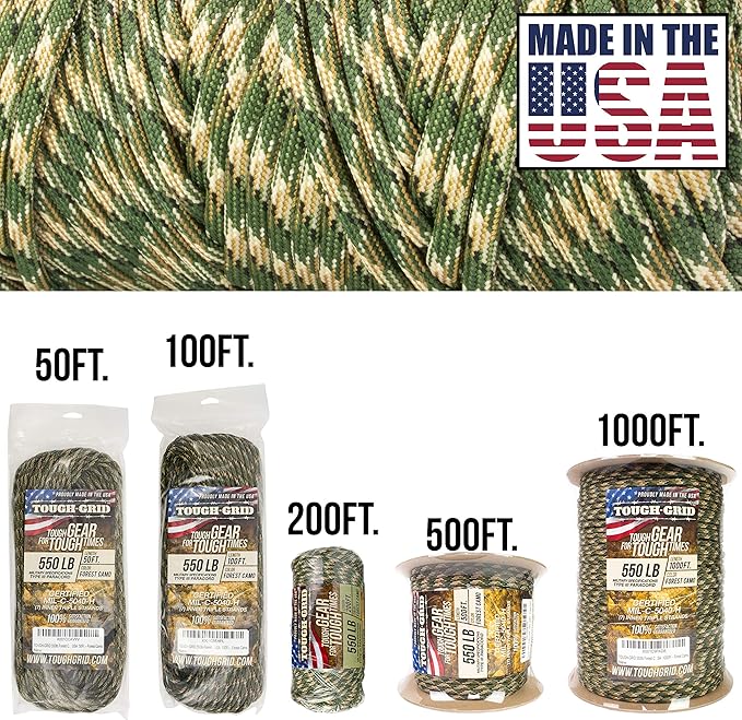 TOUGH-GRID 550 Paracord, Type III Mil-Spec Nylon Rope - 50 Ft Forest Camo Tactical Survival Cord