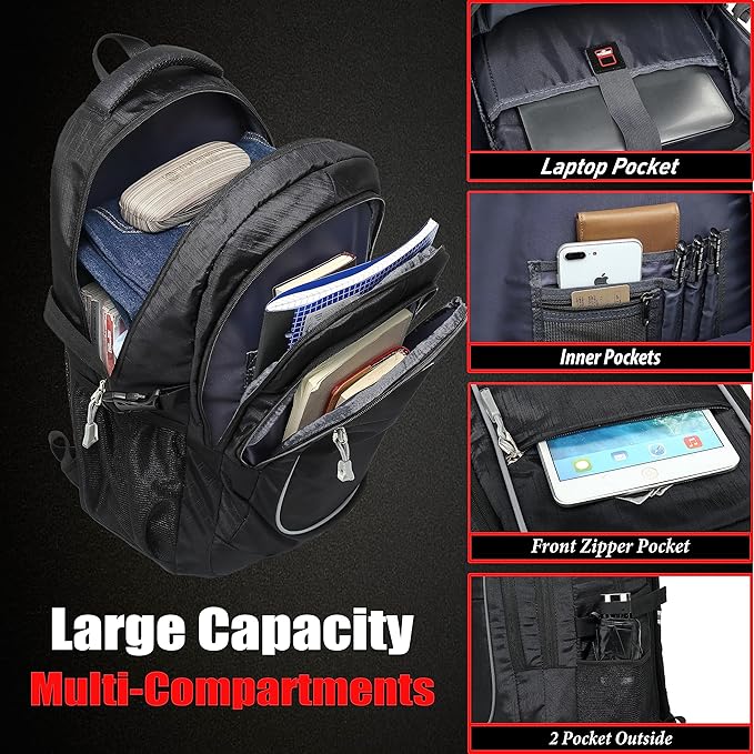 ProEtrade Anti Scratch Fabric Backpack, Black, Unisex, 20"H x 13"W x 8.2"D, 1.6 lb, 8 Pockets, 2 Laptop Compartments, Night Light Reflective Design, Ergonomic Air Flow System