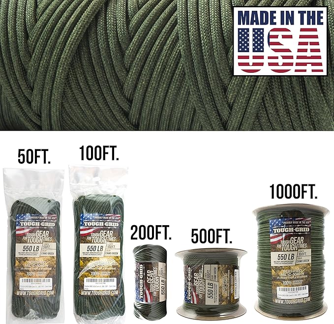 TOUGH-GRID 550 Paracord, Type III Mil-Spec Nylon Rope - 200 Ft Camo Green Tactical Survival Cord